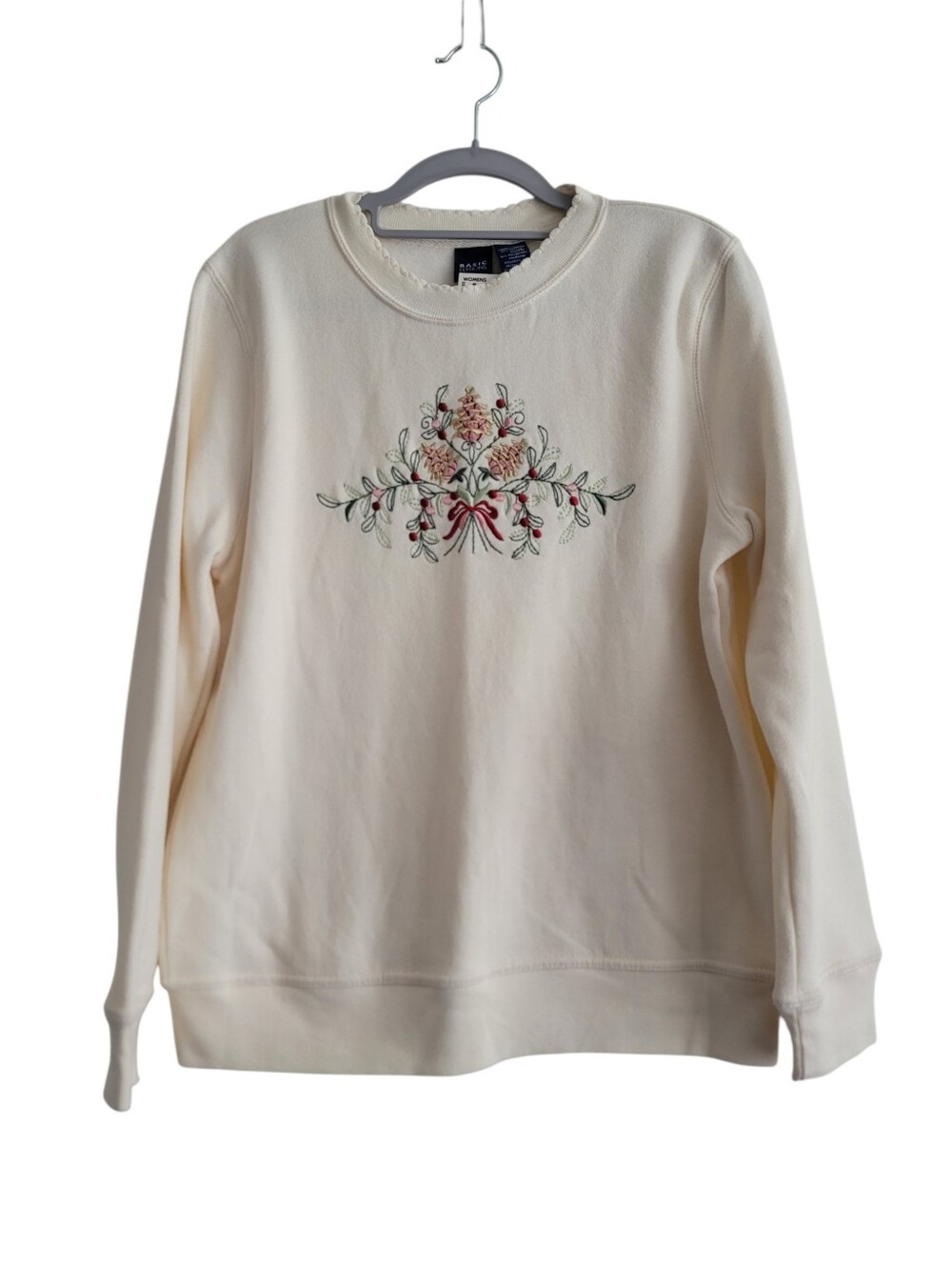 NEW Holiday Floral Cream Sweatshirt Cozy Dainty Scalloped Collar Granny Pullover